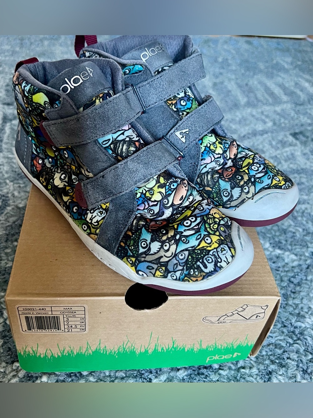 PLAE Kids Grey Suede Multicolor Cartoon-Print High-Top Sneakers